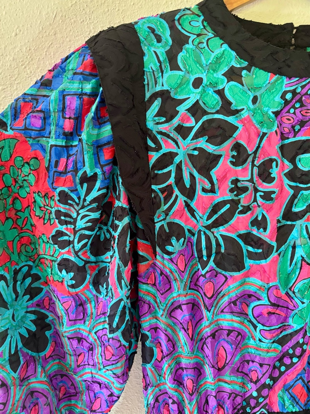 Diane Freis 1980s Dress L XL Colorful Floral Geometric Pleated Midi Maximalist - Picture 4 of 13